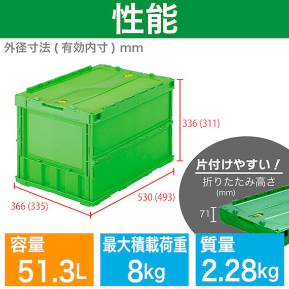 TRUSCO 薄型折りたたみコンテナ スライドロックフタ付き 50L(グリーン) 3枚目画像