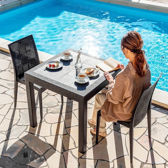 ラタン調ガーデンテーブル+肘無しチェア3点セット(PXY80) 1枚目画像