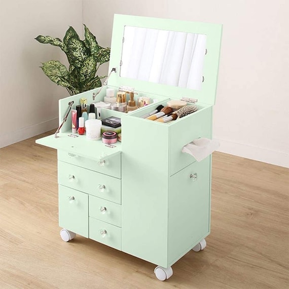 たっぷり収納コスメドレッサーワゴン(ライトグリーン) 1枚目画像