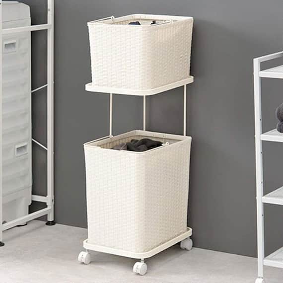 水に強いランドリー収納(角型 バスケット2杯タイプ ホワイト) 1枚目画像