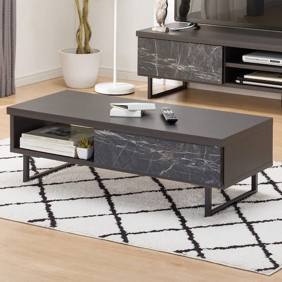 引き出しが大理石調のセンターテーブル (ブラック) 1枚目画像