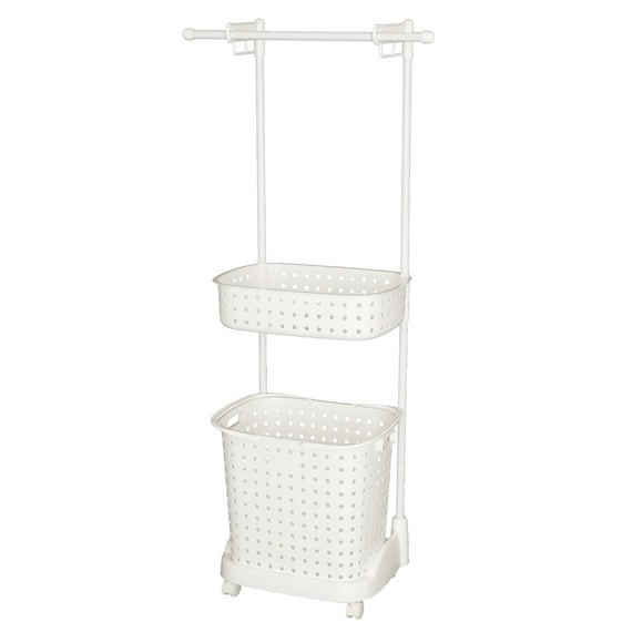 タオルハンガー付 2段ランドリーバスケットラック(ホワイト) 2枚目画像