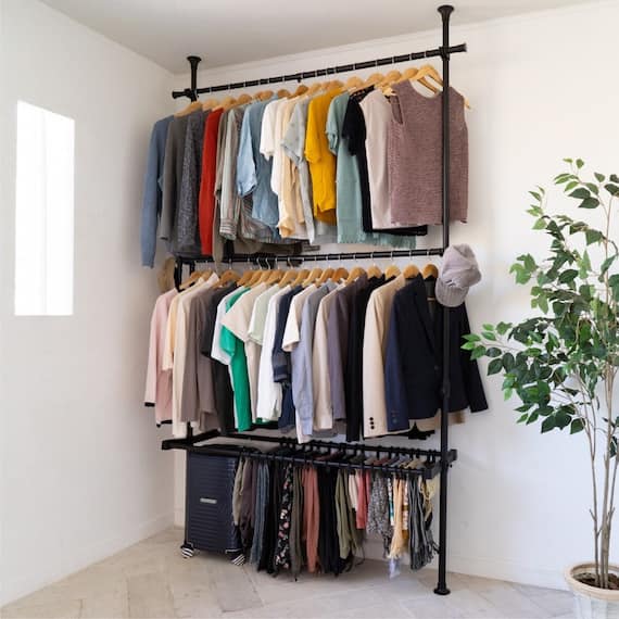 【簡単】ワンタッチ式 突っ張りハンガーダブル スラックスハンガー付き(ブラック) 1枚目画像