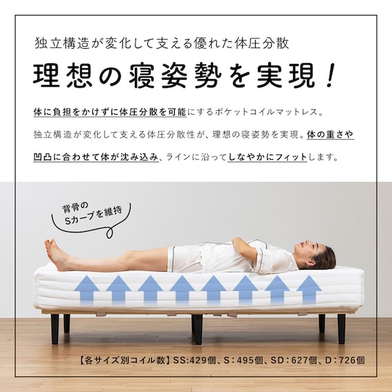 ダブル 脚付きポケットコイルマットレス(EC GY) 10枚目画像