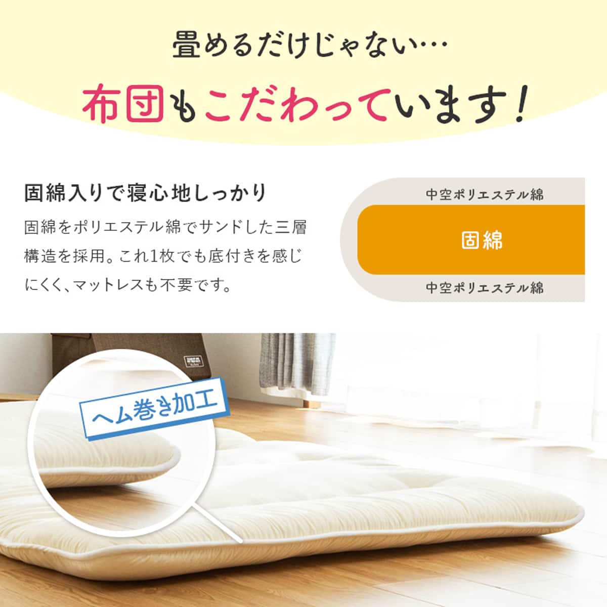 国産】6つ折り三層敷布団 セミシングルショート CGY（80×180cm