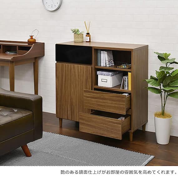 フラットなフォルムのキャビネット (幅89cm ブラウン) 1枚目画像