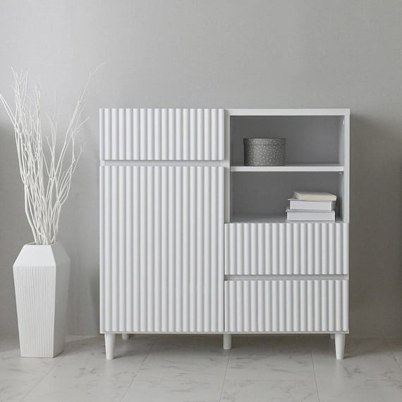 なめらかな波型のキャビネット (幅89cm WH) 1枚目画像