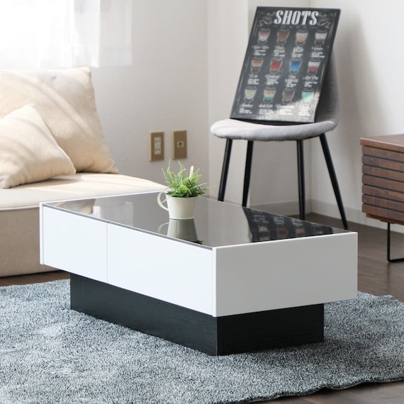 ガラス天板センターテーブル 引き出し付き (エナメル塗装 WH) 1枚目画像