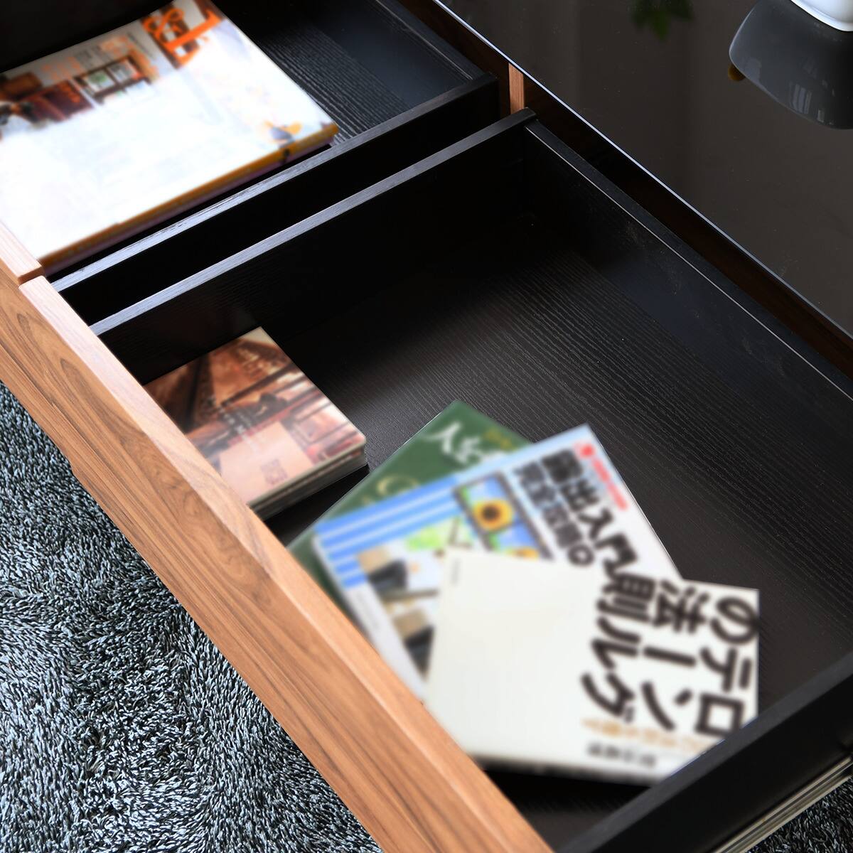 ガラス天板センターテーブル 引き出し付き (ウォルナット柄 MBR