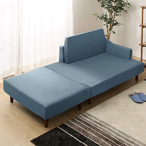 コンパクト片肘カウチソファ スツール付き 布張りタイプ (BL) 1枚目画像