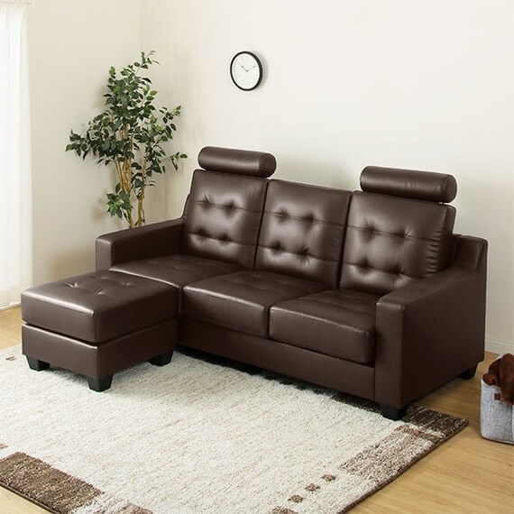 ヘッドレスト2個付き L型カウチソファ (DBR) 1枚目画像