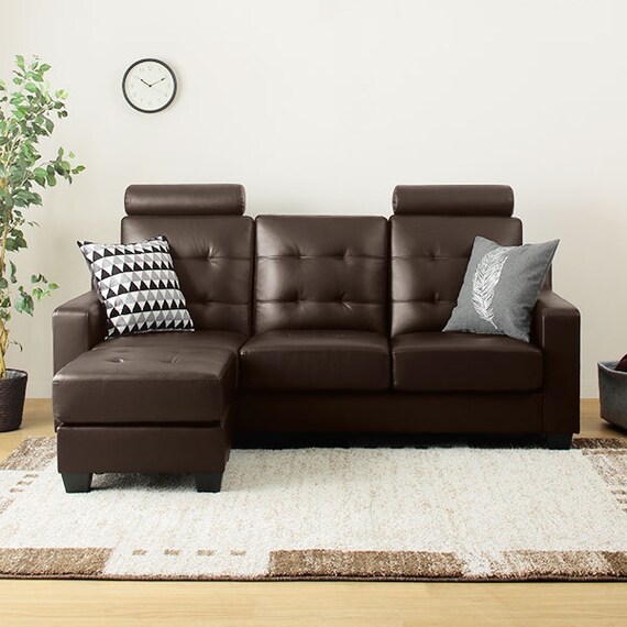 ヘッドレスト2個付き L型カウチソファ (DBR) 2枚目画像