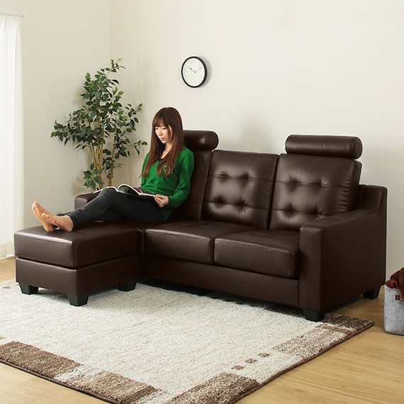 ヘッドレスト2個付き L型カウチソファ (DBR) 3枚目画像