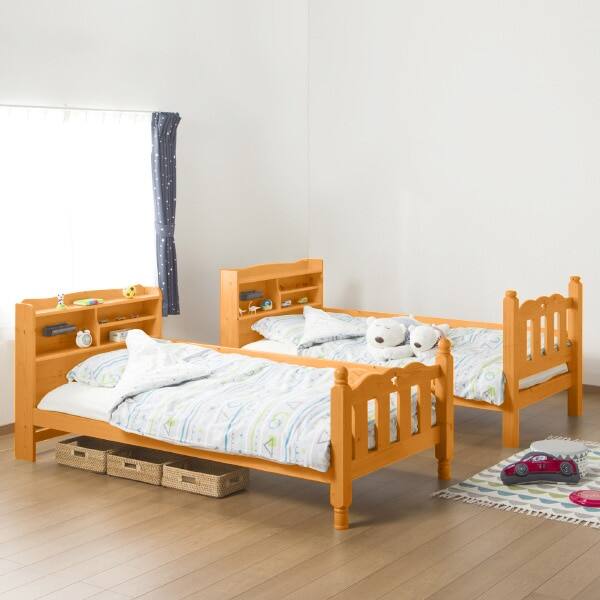 パインの木目が美しい。棚＆照明付きの安心頑丈2段ベッド(LBR