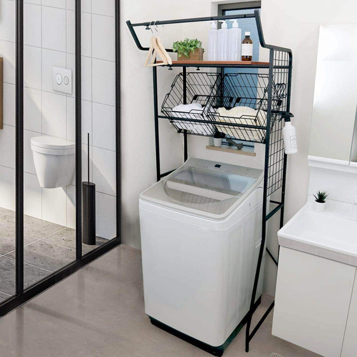 ランドリーラック スリム 可動式 洗面所 木製 ラック 扉 縦型 おしゃれ サイド 収納 三段 かご 薄型 ランドリー収納