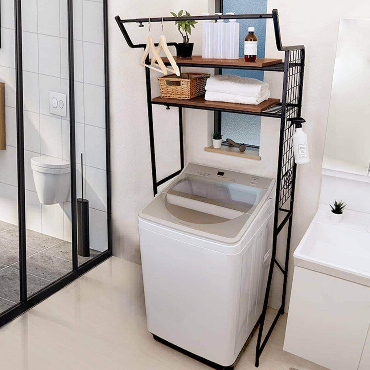 SALE／87%OFF】突っ張り ランドリー ラック ランドリーラック シンプル 洗濯機上 タオル掛け 洗濯機 日本製 ） 送料無料 サニタリーラック  ラダー つっぱり棚 （ 伸縮 バスケット付 ランドリー収納 洗濯機ラック 収納