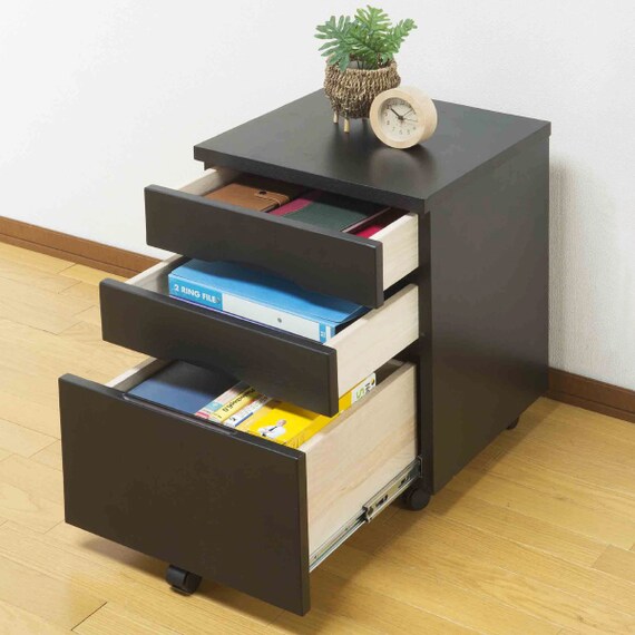 タモ突板の木目がうつくしい天然木デスクワゴン 3段(ダークブラウン) 6枚目画像