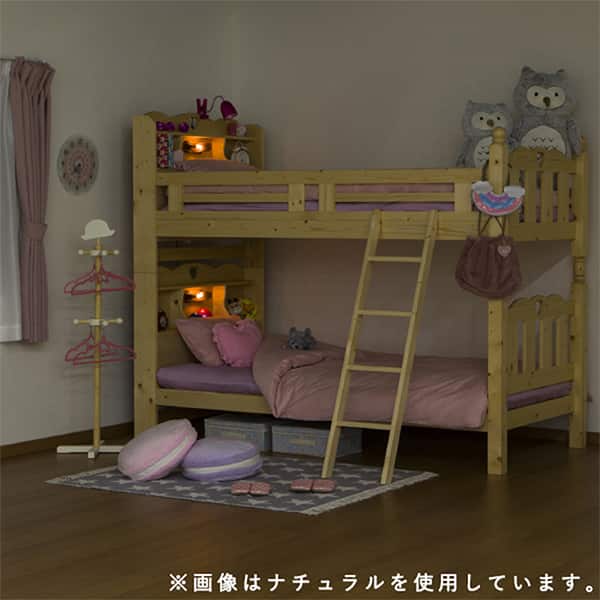 木製2段シェルフ ハート型デザイン　カントリー　ナチュラル　ペグ付 ハート型の可愛いデザイン 棚＆照明付きの安心頑丈二段ベッド(LBR
