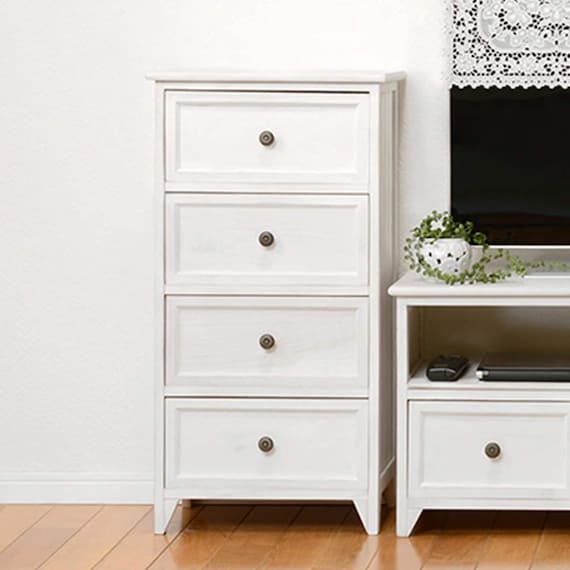 ワンルームにもぴったりの大人可愛いホワイトシャビーコンパクトチェスト (幅41cm 4段) 1枚目画像