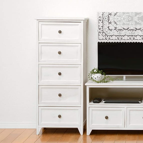 ワンルームにもぴったりの大人可愛いホワイトシャビーコンパクトチェスト (幅41cm 5段) 1枚目画像