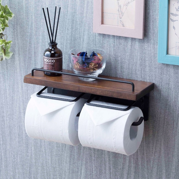 棚付きヴィンテージトイレットペーパーホルダー(ダブル ダークブラウン) 1枚目画像