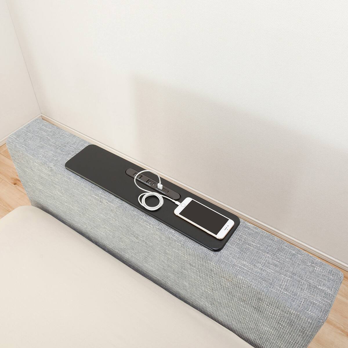 クッションキャビネット付きシングルフロアベッドフレーム グレー(棚