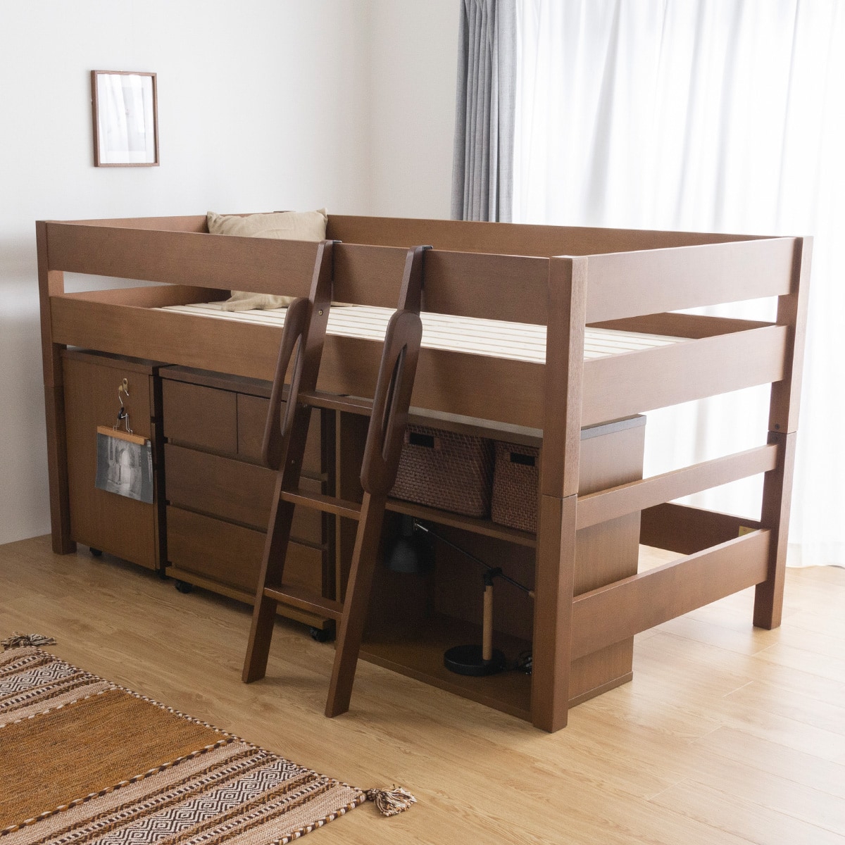 木目の美しいタモ天然木システムミドルベッド(ブラウン) | ニトリ