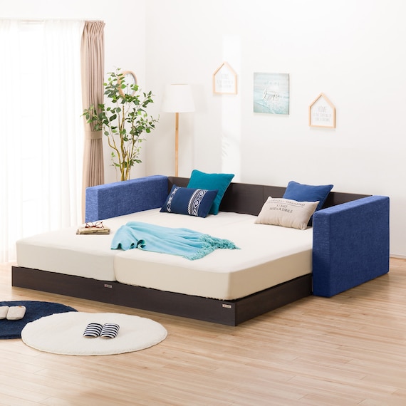 シングルフロアベッド2台セット+クッションキャビネット2個(ネイビー) 1枚目画像