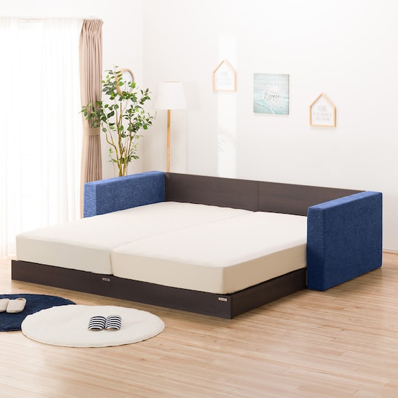 シングルフロアベッド2台セット+クッションキャビネット2個(ネイビー) 3枚目画像