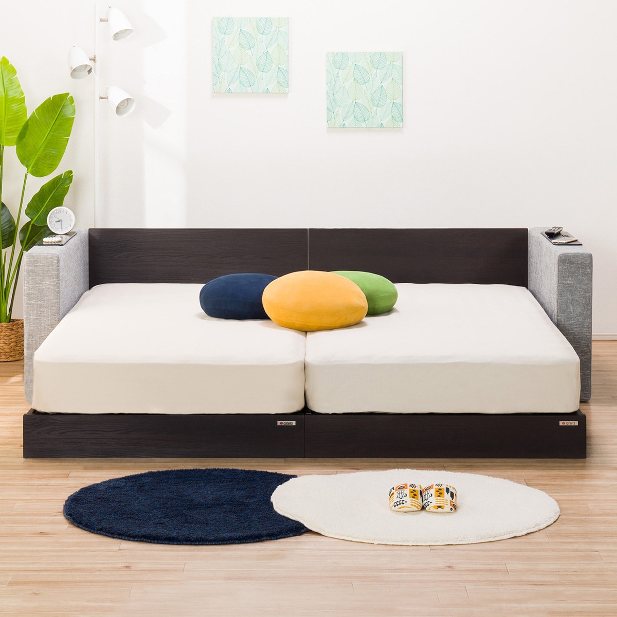 家具・インテリア kane32 クイーン 棚・サイド収納付きベッドフレーム(NS-003 浅型/すのこ MBR