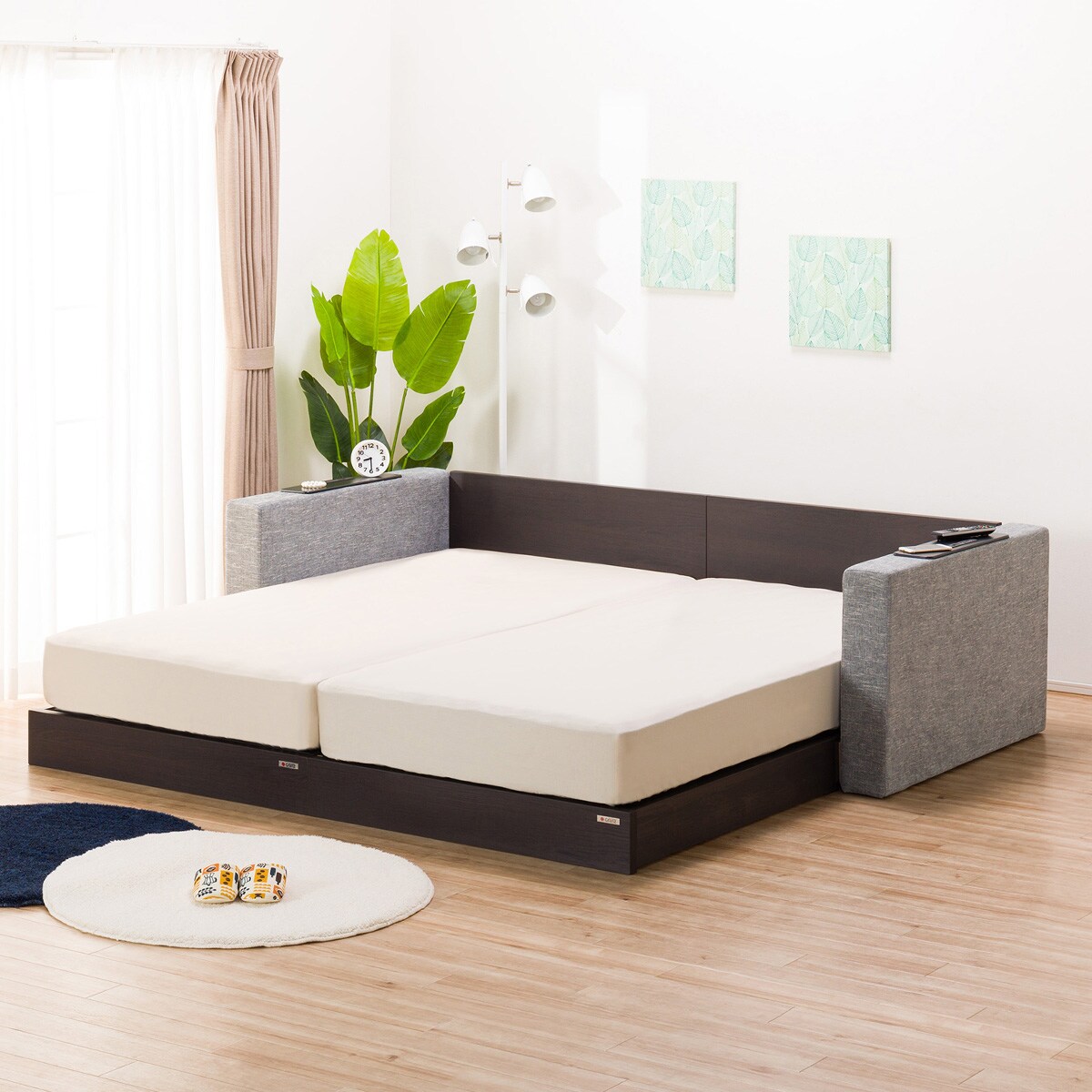 シングルフロアベッド2台セット+クッションキャビネット2個 グレー(棚