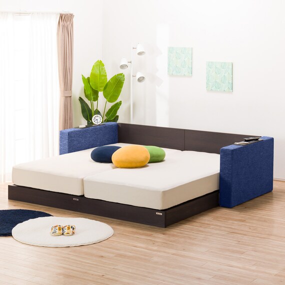 シングルフロアベッド2台セット+クッションキャビネット2個 ネイビー(棚・コンセント×2) 1枚目画像