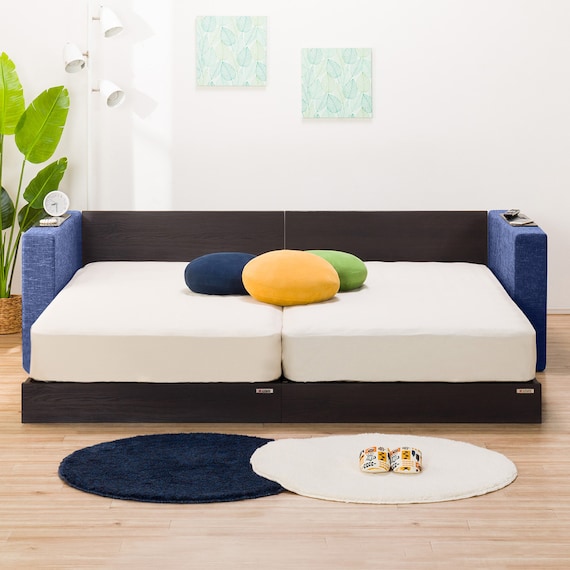 シングルフロアベッド2台セット+クッションキャビネット2個 ネイビー(棚・コンセント×2) 2枚目画像