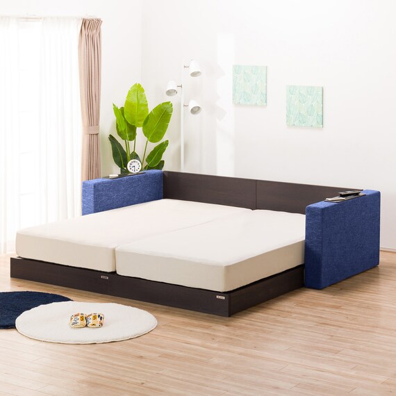 シングルフロアベッド2台セット+クッションキャビネット2個 ネイビー(棚・コンセント×2) 3枚目画像