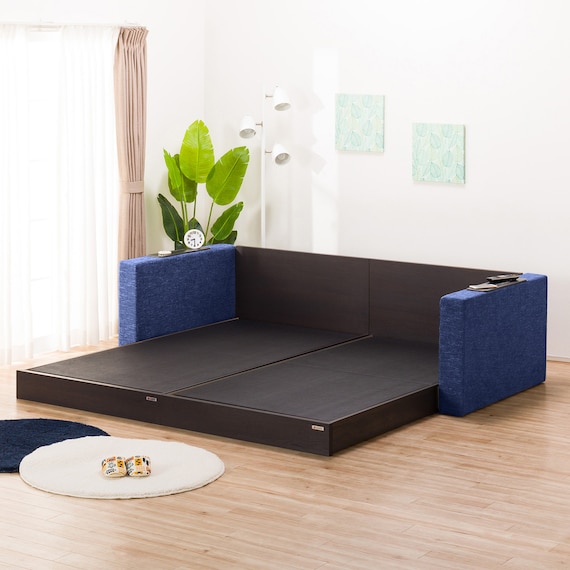 シングルフロアベッド2台セット+クッションキャビネット2個 ネイビー(棚・コンセント×2) 4枚目画像