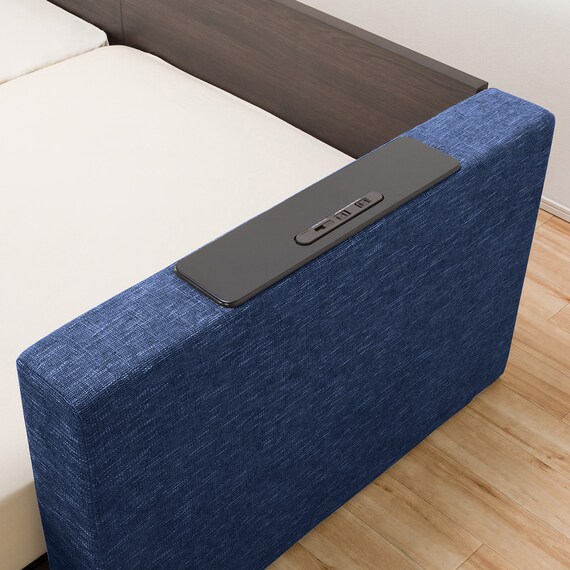 シングルフロアベッド2台セット+クッションキャビネット2個 ネイビー(棚・コンセント×2) 6枚目画像