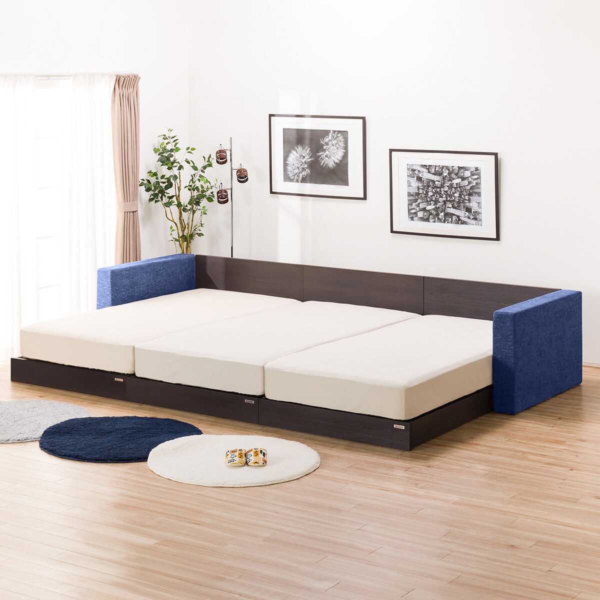 シングルフロアベッド3台セット+クッションキャビネット2個(ネイビー