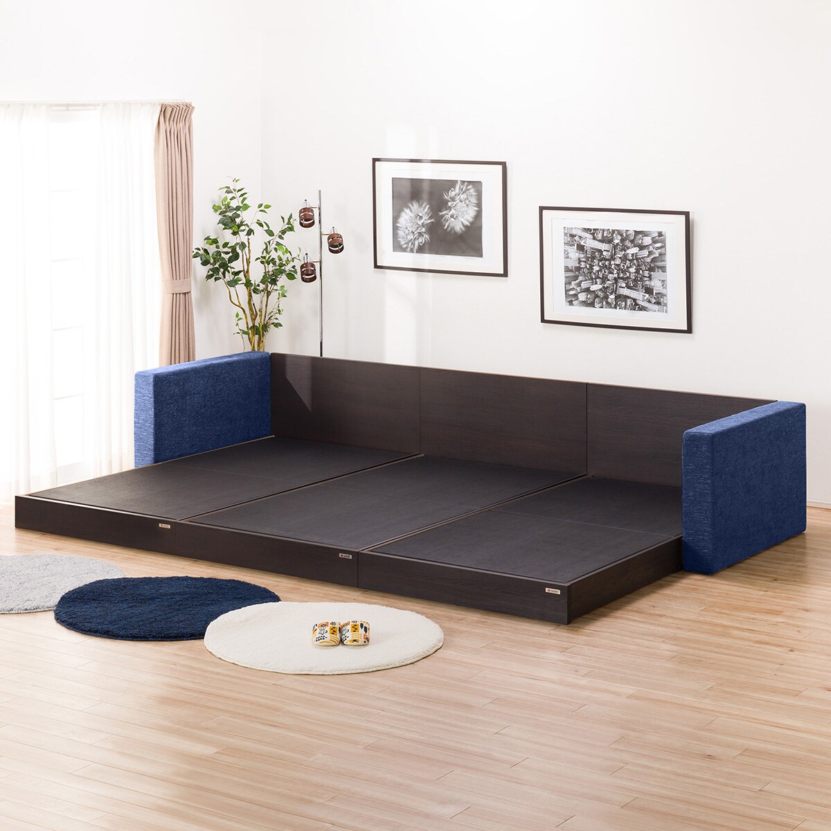 シングルフロアベッド3台セット+クッションキャビネット2個(ネイビー