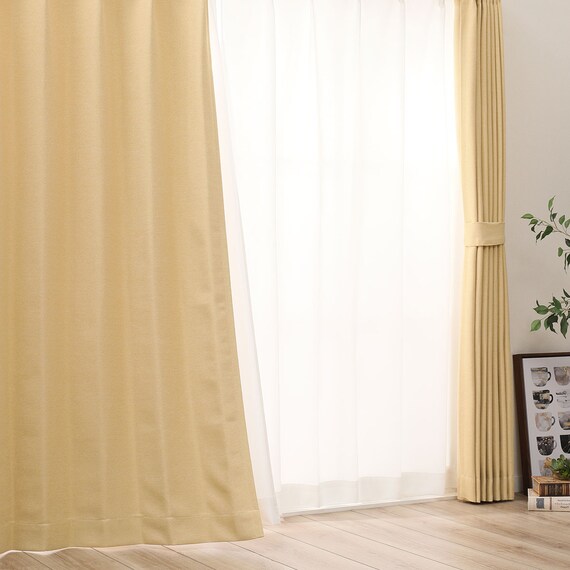 【一人暮らし・寝室に】外から見えにくいミラーレース付 遮光2級・遮熱カーテン4枚セット(エコオアシス イエロー 100X135cmセット) 1枚目画像