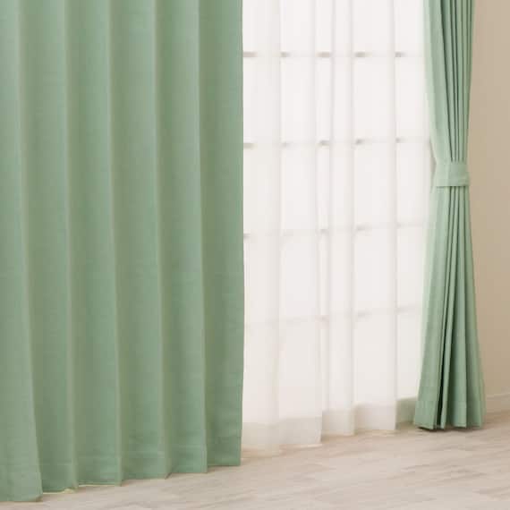 【一人暮らし・寝室に】外から見えにくいミラーレース付 遮光2級・遮熱カーテン4枚セット( エコオアシス グリーン 100X220cmセット) 1枚目画像