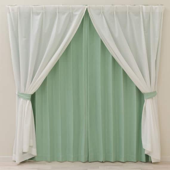 【一人暮らし・寝室に】外から見えにくいミラーレース付 遮光2級・遮熱カーテン4枚セット( エコオアシス グリーン 100X220cmセット) 3枚目画像