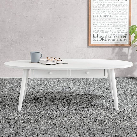 引き出し2個付き楕円形センターテーブル 幅110cm (WW) 1枚目画像