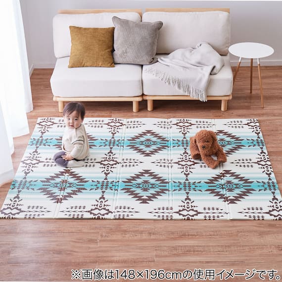 折り畳みできるキッズプレイマット(キリム 178cm×196cm ブルー) 3枚目画像