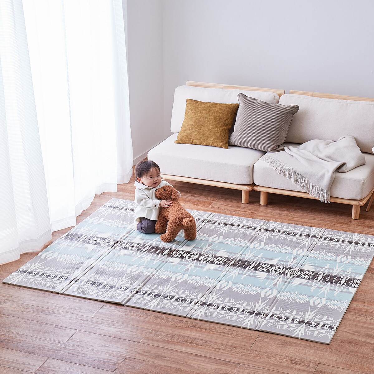 折り畳みできるキッズプレイマット(キリム 148cm×196cm グレー