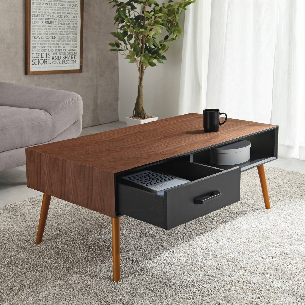 広島限定✨ニトリ ブラックガラストップ リビングテーブル（直接引き取り） スタイリッシュなオープンスペース付きセンターテーブル 幅100cm (BR