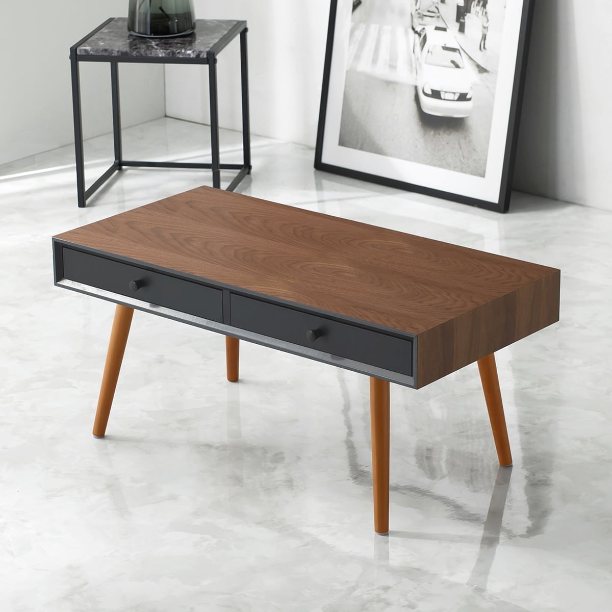 スタイリッシュな両引き出し付きセンターテーブル 幅80cm (BR/BK