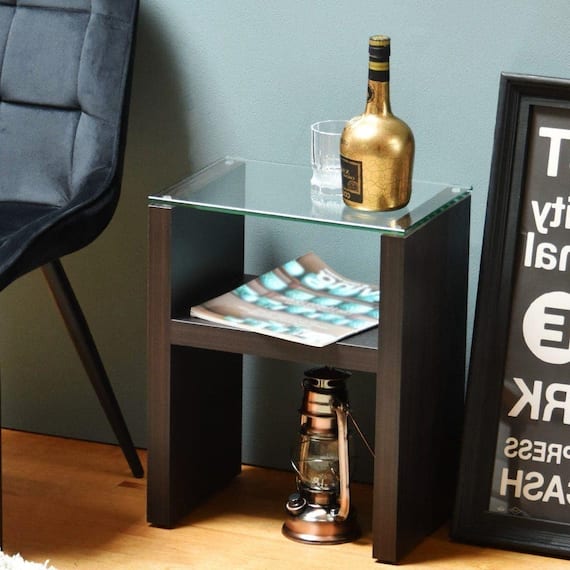 ガラス天板ナイトテーブル (DBR) 1枚目画像