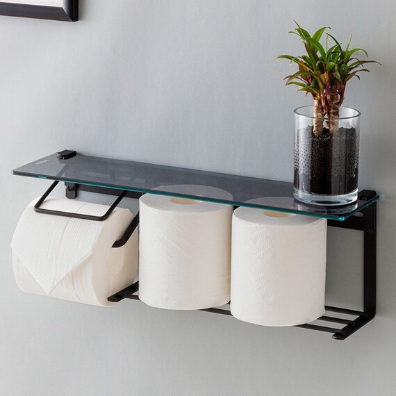 棚付きトイレットペーパーホルダー(ストックタイプ ガラスブラック) 1枚目画像