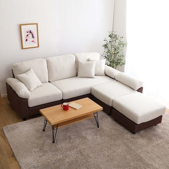 5人掛けコーナーカウチソファ 布張りツートンタイプ (IV) 1枚目画像