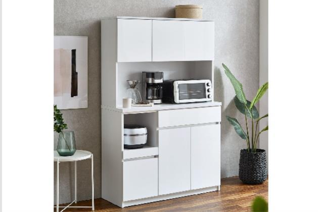 【嫁ちゃん様限定】ホワイト 木製 食器棚 カップボード　ニトリ ニトリ 幅80cm 鏡面仕様のキッチンボード 引戸タイプ（WH